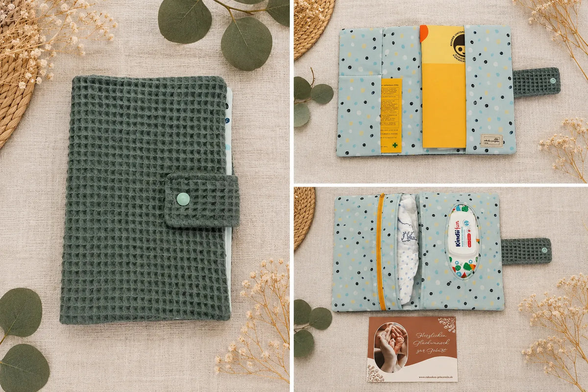 Handgenähte U-Heft Hülle und Windeltasche in Mint für Babys
