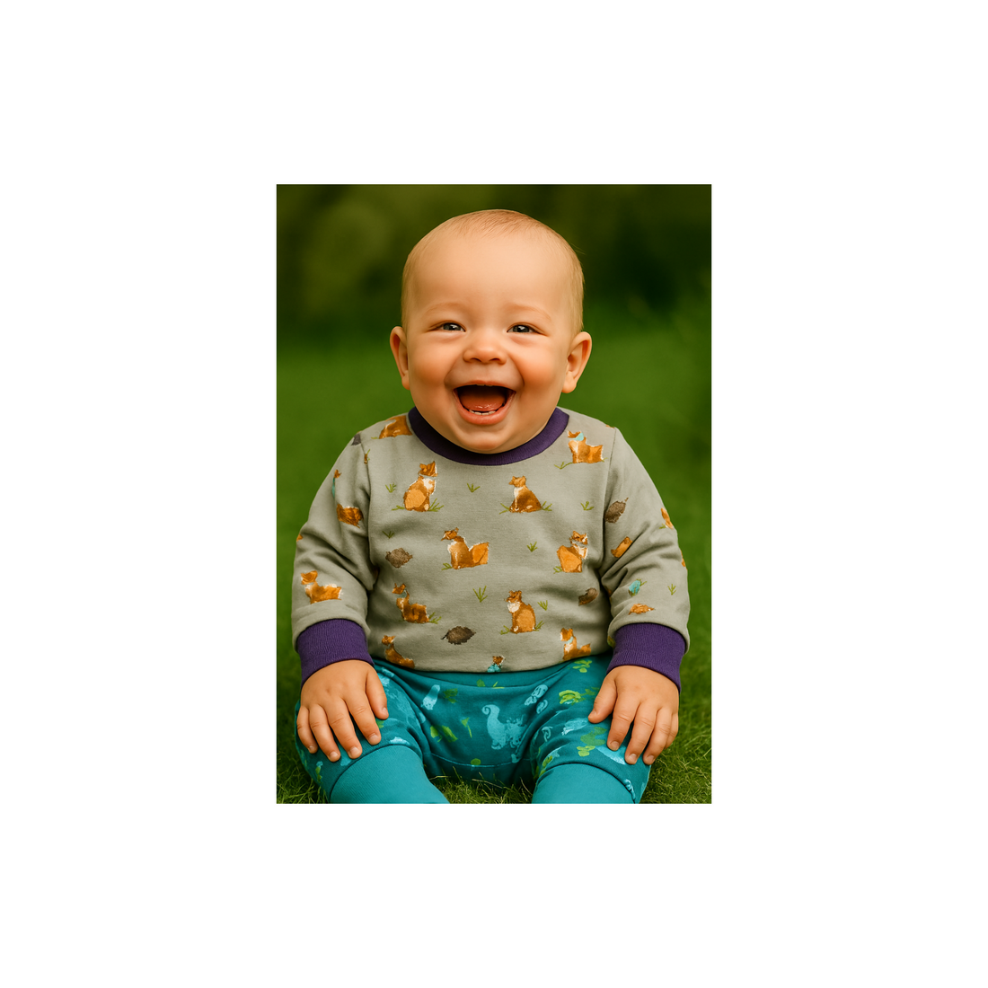 Fröhliches Baby in handgemachter, nachhaltiger Kleidung sitzt auf einer Wiese und lächelt. Die mitwachsende Hose zeigt ein verspieltes Tiermotiv – ideal für bewusste Eltern, die hochwertige Kindermode suchen.