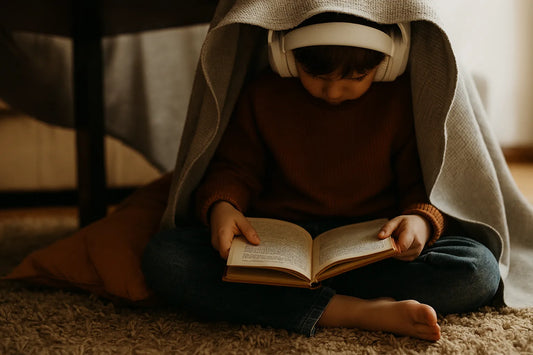 Hochsensibles Kind sitzt mit Kopfhörern und Buch unter einem selbstgebauten Rückzugsort aus Decken und Tisch – ein stiller Moment der Geborgenheit und Konzentration beim selbstbestimmten Lernen.