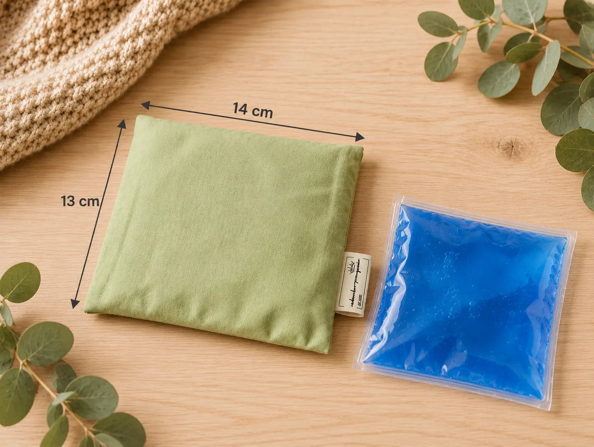 Kühlpackhülle mit Maßangaben und Kat-Warm Kompresse