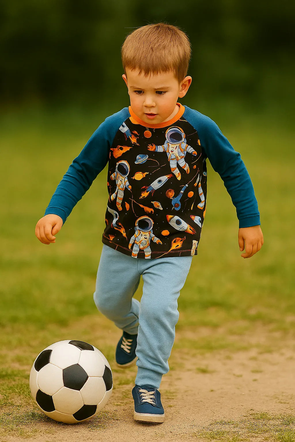 Kind spielt mit Fußball im Freien – trägt handgemachte, mitwachsende Kleidung mit Weltraum-Motiv aus OEKO-TEX Stoffen