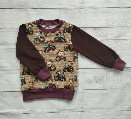 Kinderpullover mit Traktor-Print – handgemacht aus OEKO-TEX zertifizierten Stoffen, ideal für kleine Fahrzeugfans
