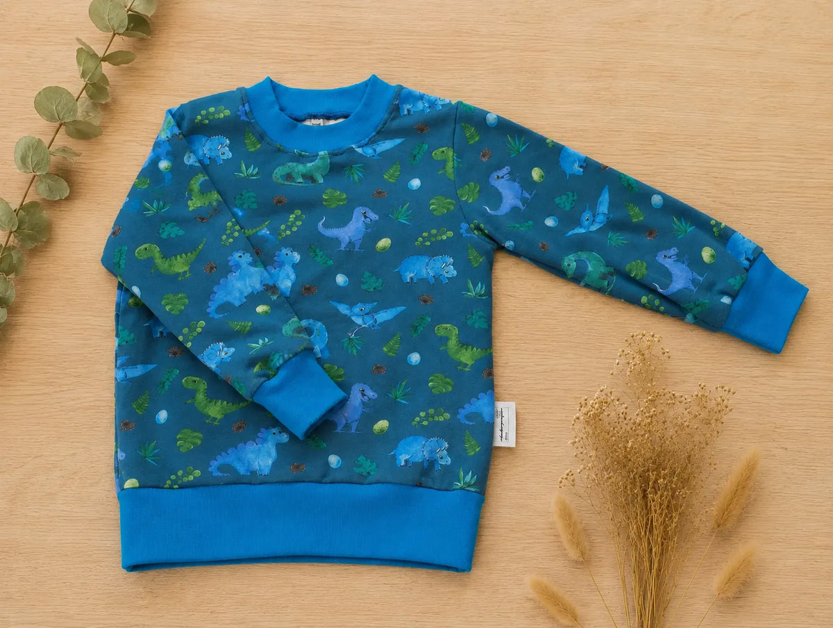 Handgenähter Kinderpullover mit Dinosaurier Motiv für Kinder