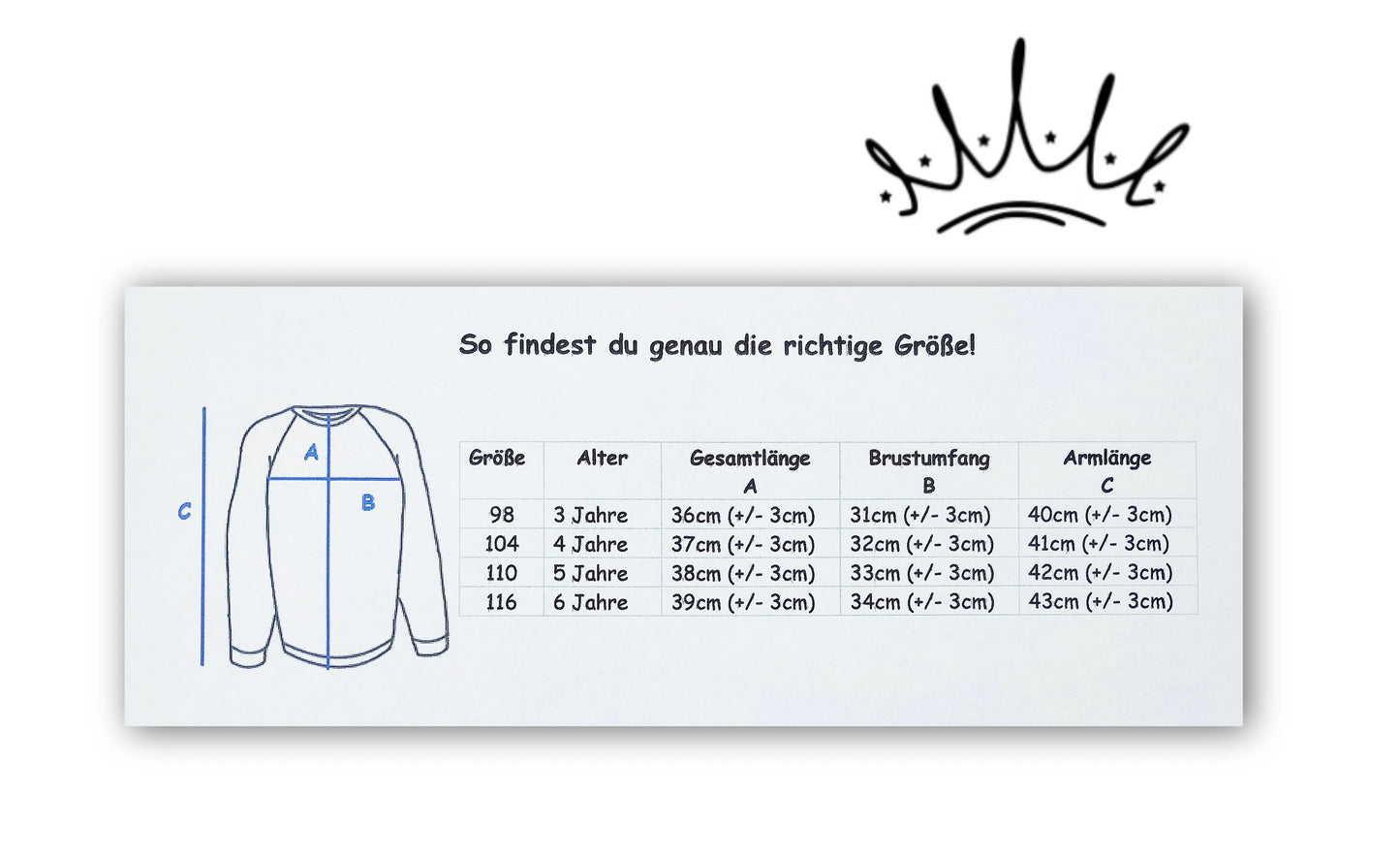 Größentabelle für Kinder-Langarmshirts mit Maßskizze – enthält Angaben zu Gesamtlänge, Brustumfang und Ärmellänge für Größen 98 bis 116 nach Altersstufen