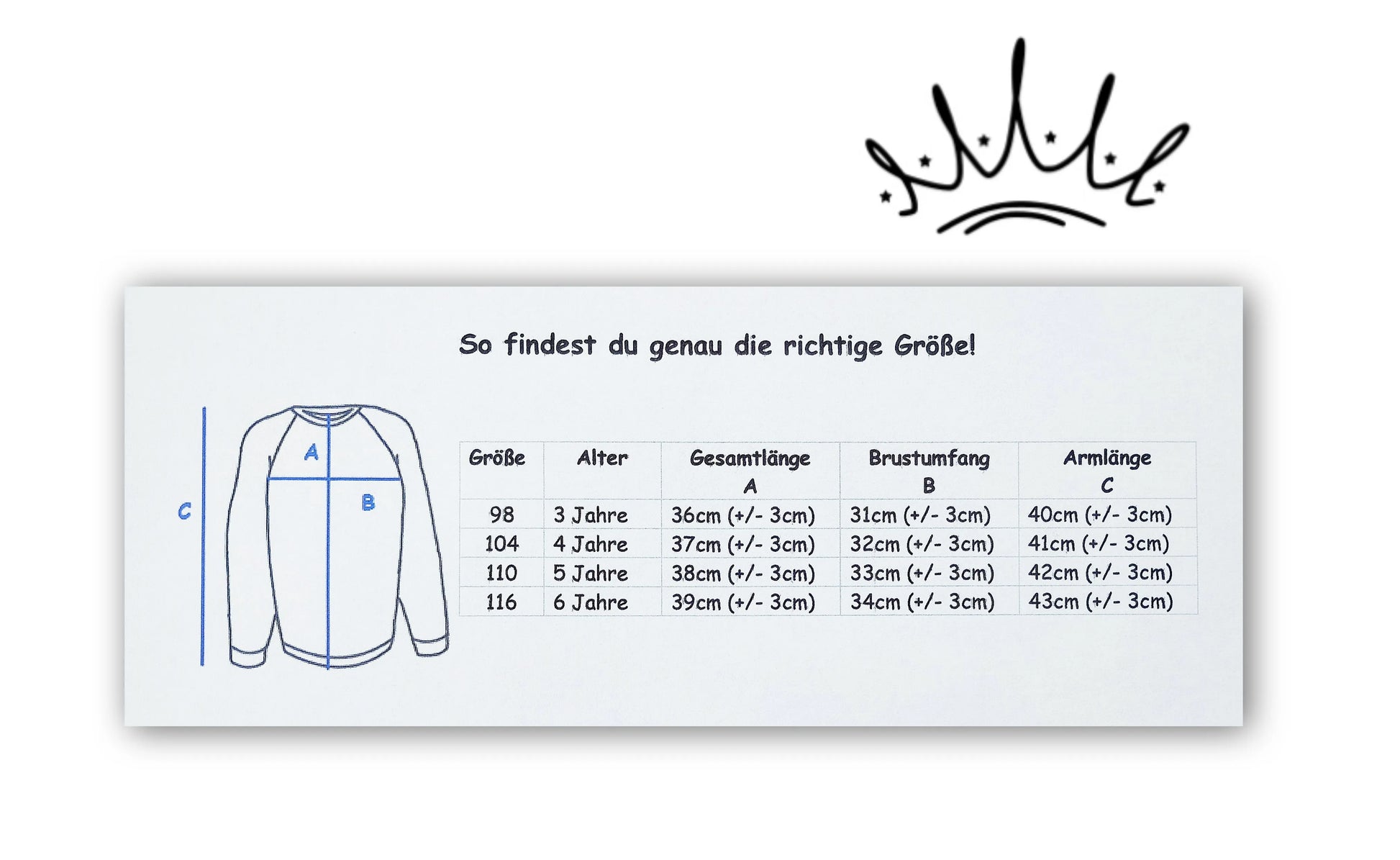 Größentabelle für Kinder-Langarmshirts mit Maßskizze – enthält Angaben zu Gesamtlänge, Brustumfang und Ärmellänge für Größen 98 bis 116 nach Altersstufen