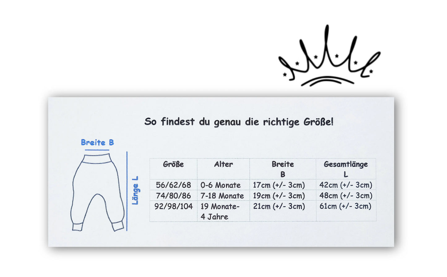 Größentabelle für Mitwachshosen mit Maßskizze – zeigt Breite und Gesamtlänge für Altersgruppen von 0 bis 4 Jahren