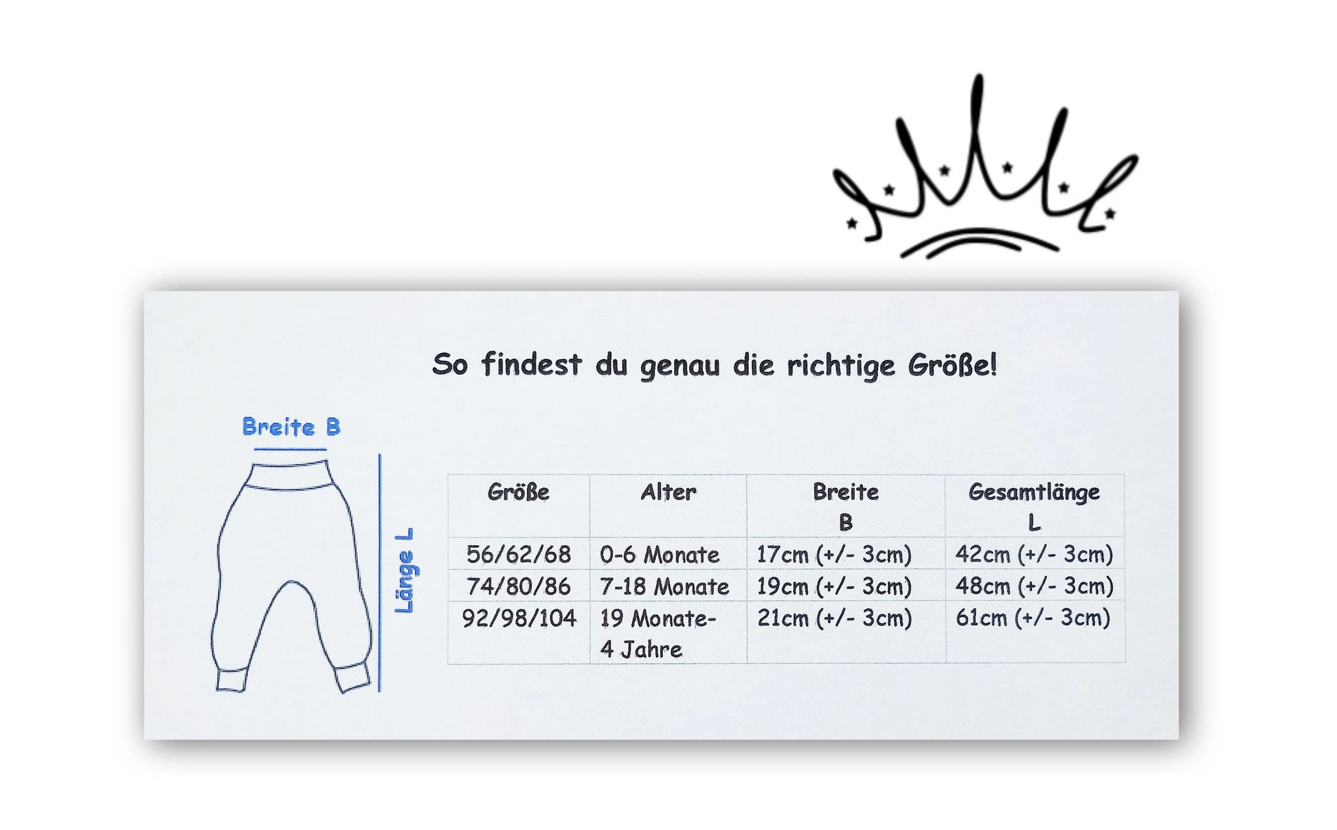 Größentabelle für Mitwachshosen mit Maßskizze – zeigt Breite und Gesamtlänge für Altersgruppen von 0 bis 4 Jahren
