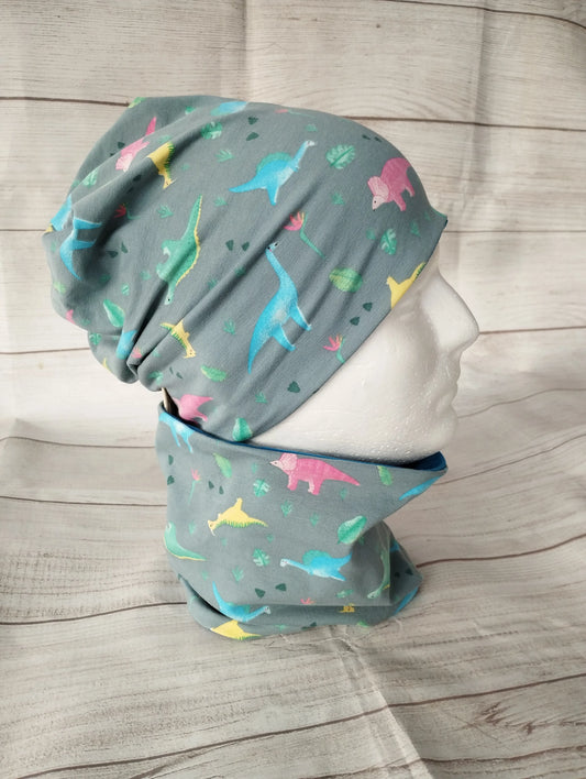 Winterset "bunte Dinos" - Mütze & Loop für Kinder