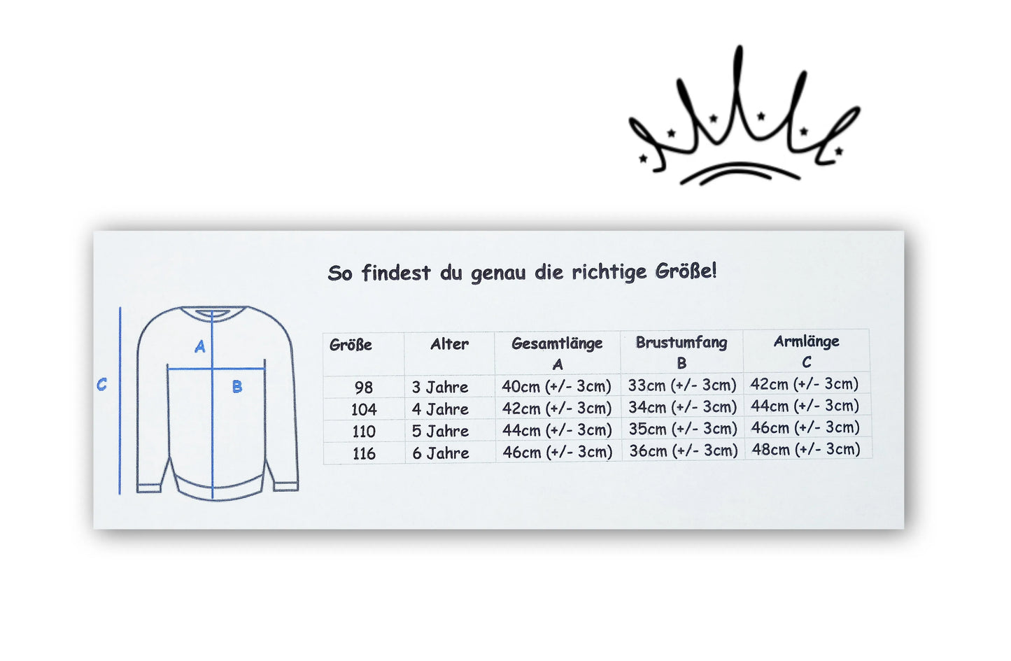 Größentabelle für Kinderpullover mit Maßskizze – zeigt Gesamtlänge, Brustumfang und Ärmellänge für Größen 98 bis 116, altersgerecht und übersichtlich dargestellt