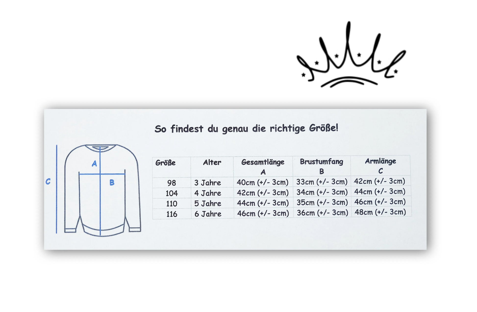 Größentabelle für Kinderpullover mit Maßskizze – zeigt Gesamtlänge, Brustumfang und Ärmellänge für Größen 98 bis 116, altersgerecht und übersichtlich dargestellt