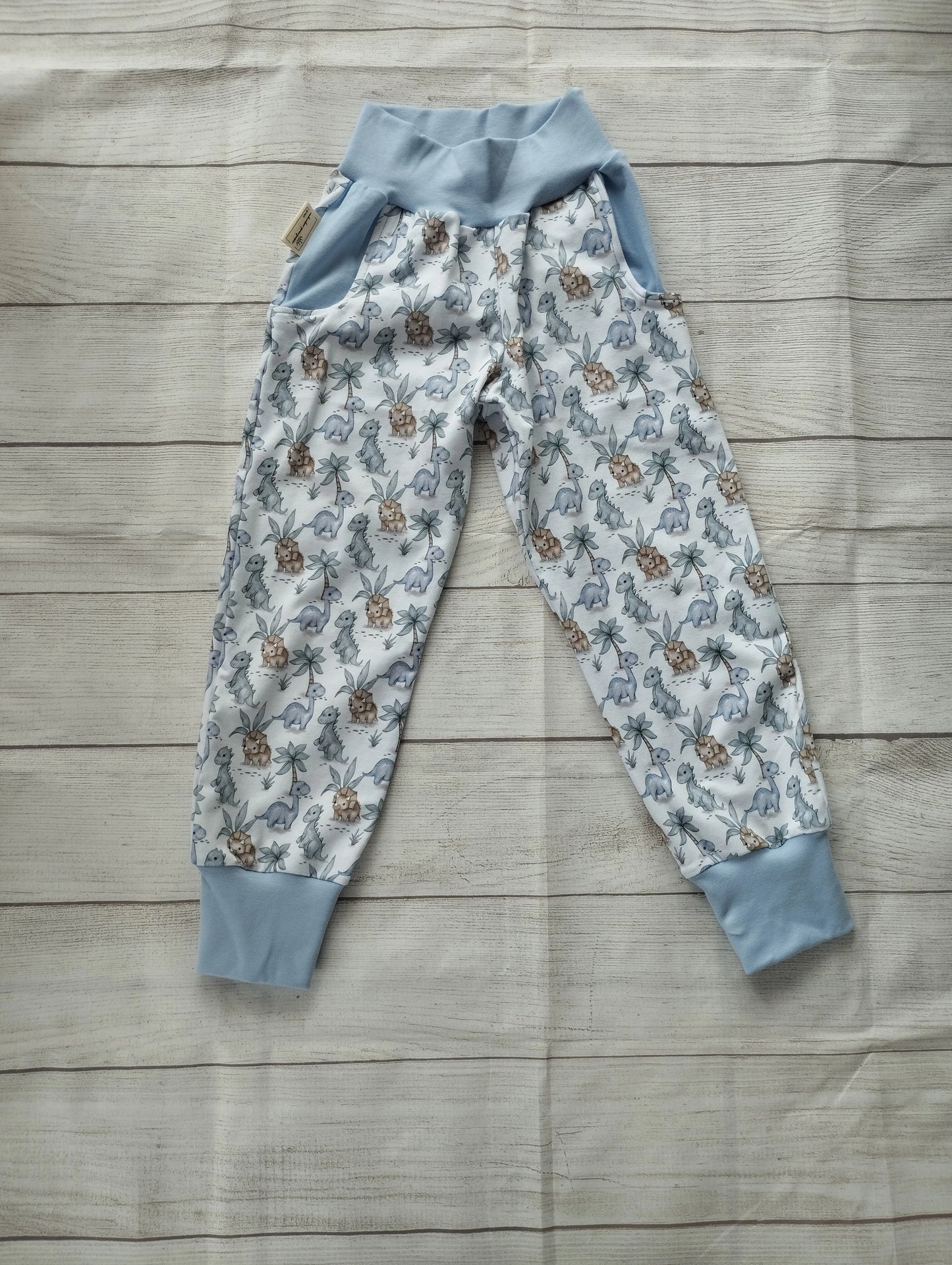 Kinder-Pumphose mit Baby-Dino-Muster auf grauem Stoff, hellblauen Bündchen und Taschen – handgemacht aus elastischem Baumwolljersey