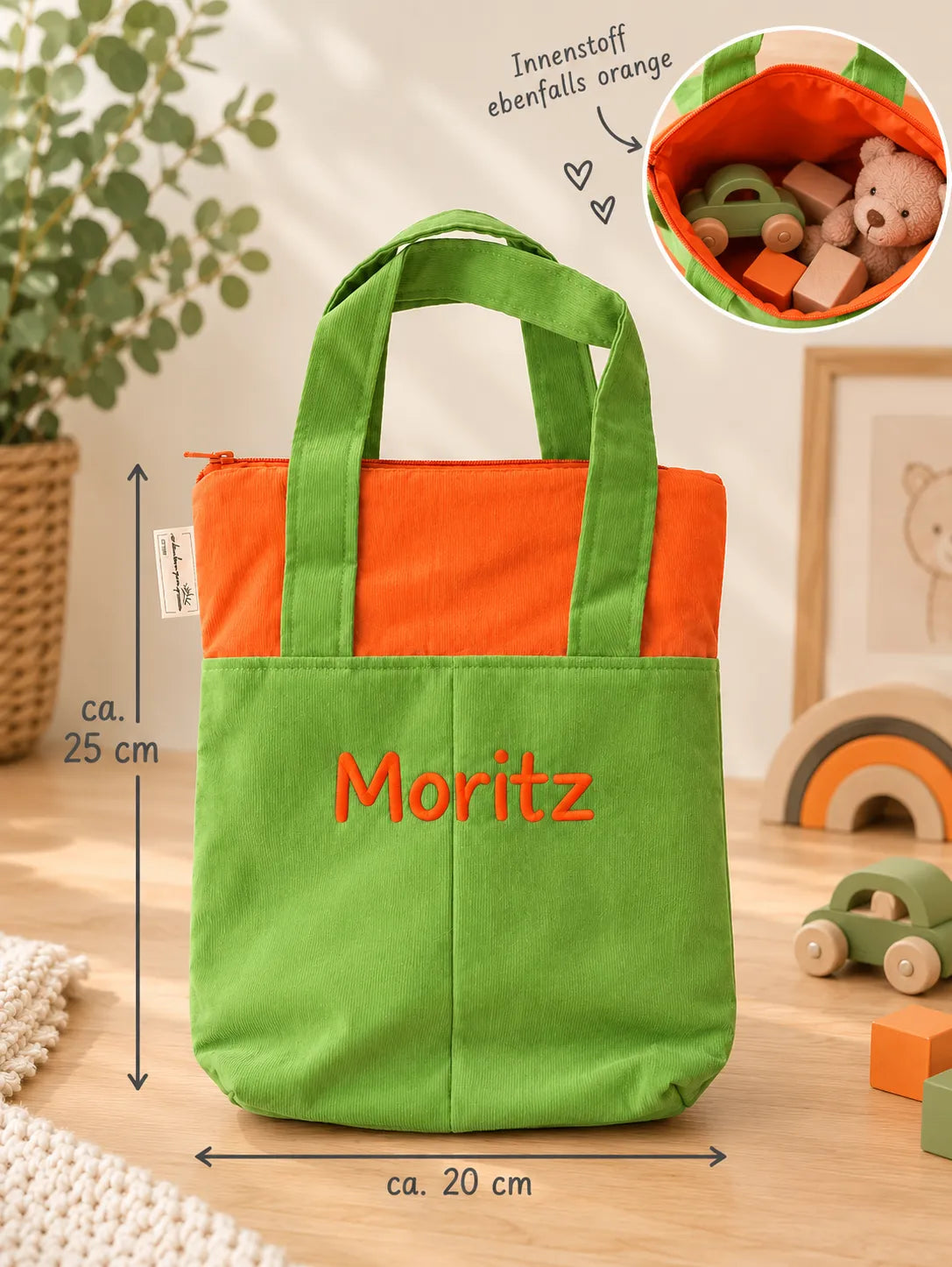 Spielzeugtasche mit Maßangaben