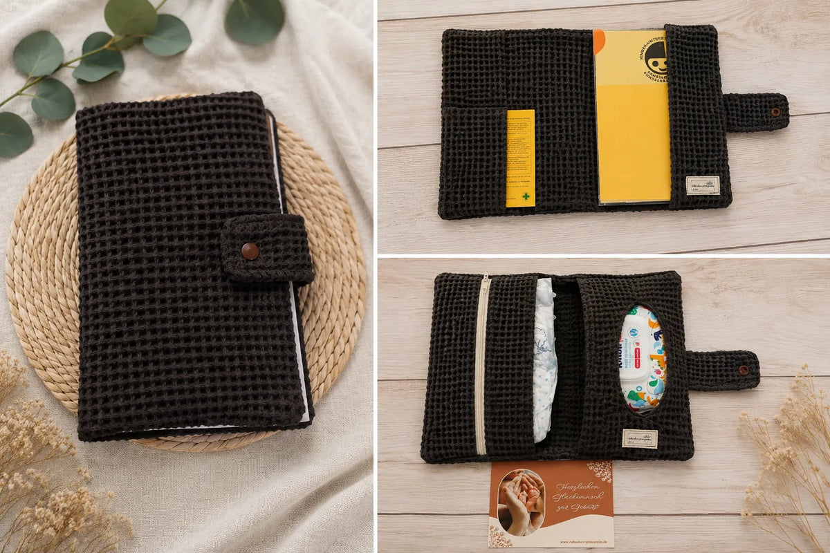Handgenähte U-Heft Hülle und Windeltasche in Braun für Babys