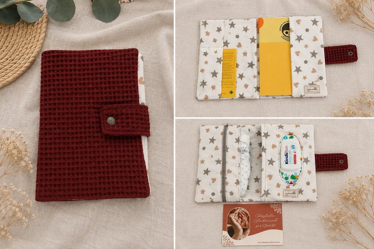Handgenähte U-Heft Hülle und Windeltasche in Kupfer für Babys