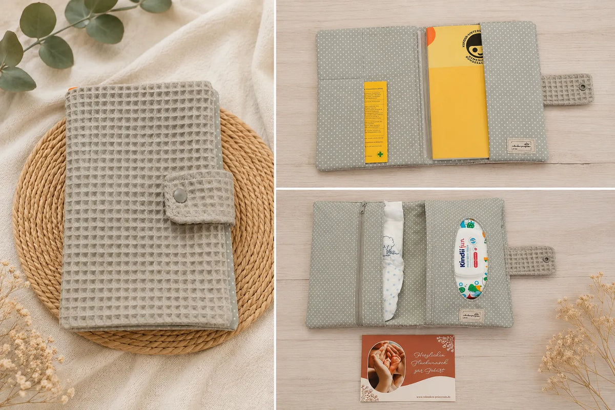 Handgenähte U-Heft Hülle und Windeltasche in Grau für Babys