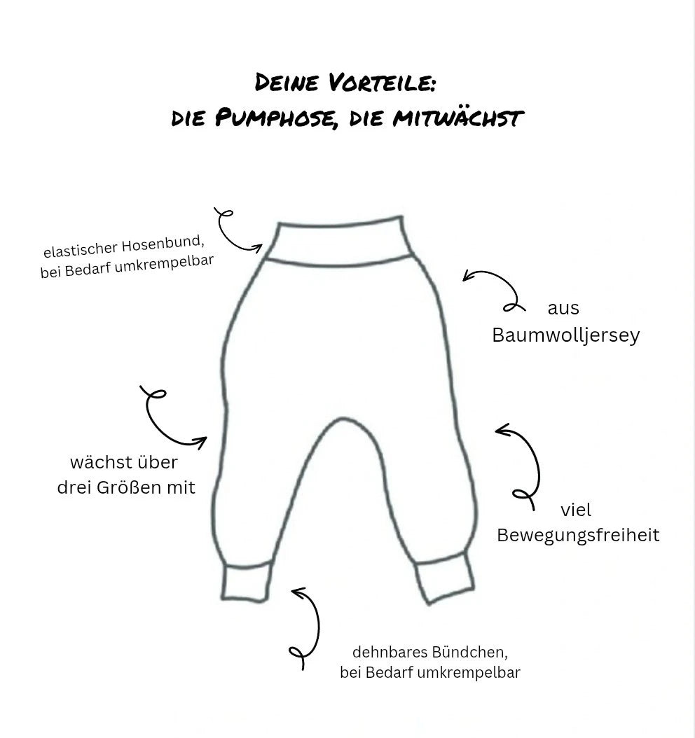 Illustration einer Mitwachshose mit beschrifteten Vorteilen – elastischer Bund, dehnbare Bündchen und Bewegungsfreiheit aus Baumwolljersey
