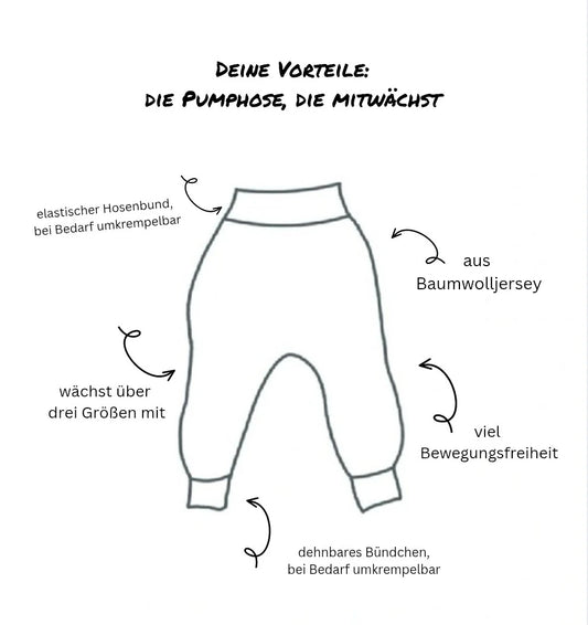 Illustration einer Mitwachshose mit beschrifteten Vorteilen – elastischer Bund, dehnbare Bündchen und Bewegungsfreiheit aus Baumwolljersey